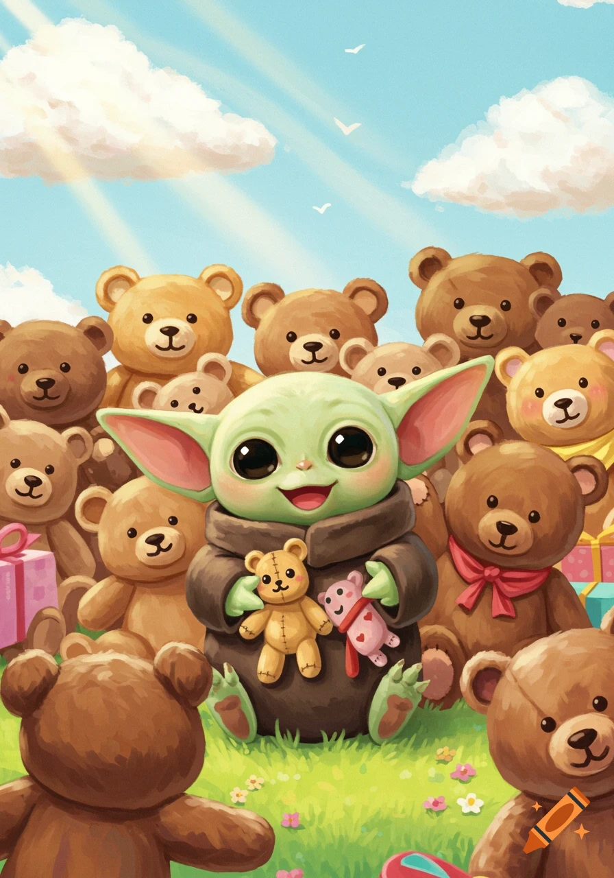 Cute illustration of Grogu surrounded by teddy bears in a field with presents and clouds.