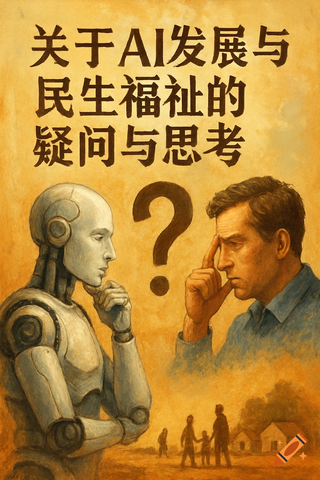 Illustration of a robot and human facing each other with a question mark between them, both thinking, with Chinese text above.