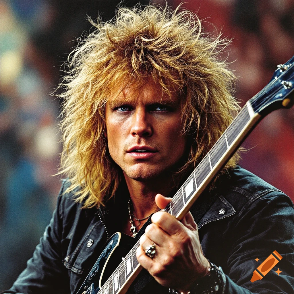 Portrait of a man with spiky blonde hair playing electric guitar