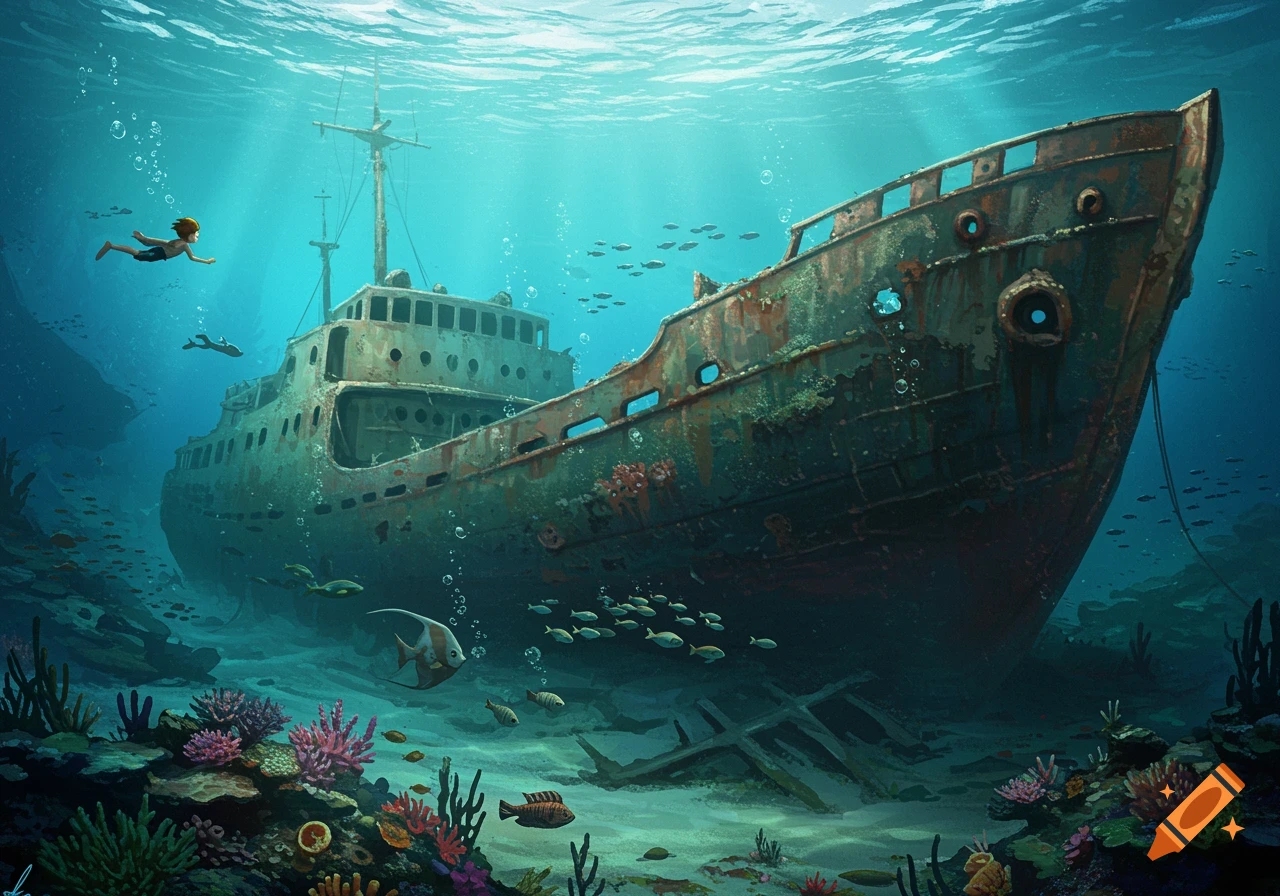 Digital painting of a boy swimming near a sunken ship, coral, and fish on the ocean floor.