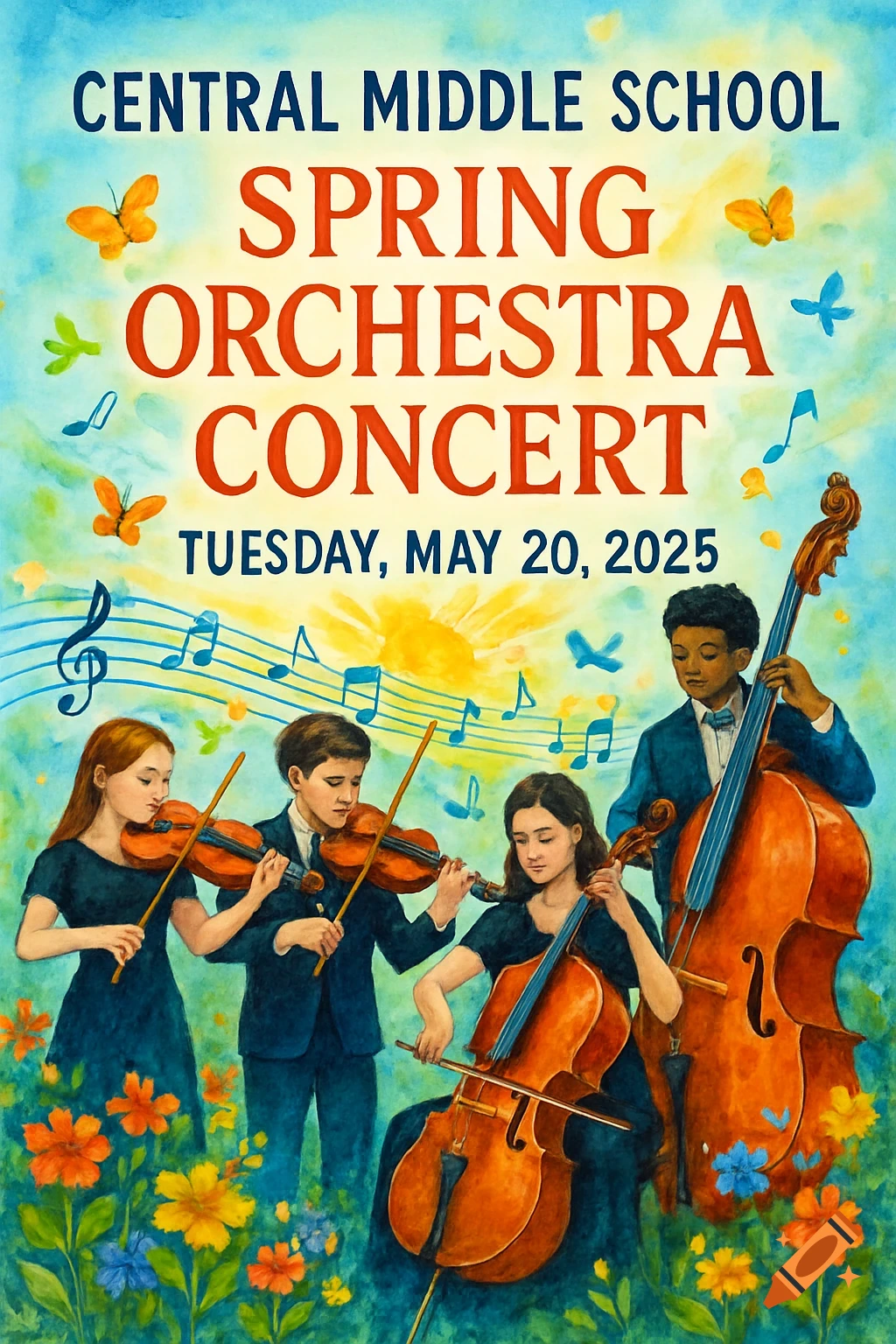 Watercolor poster of four students playing violin, cello, and bass in a field of flowers and music notes, advertising a school orchestra concert.