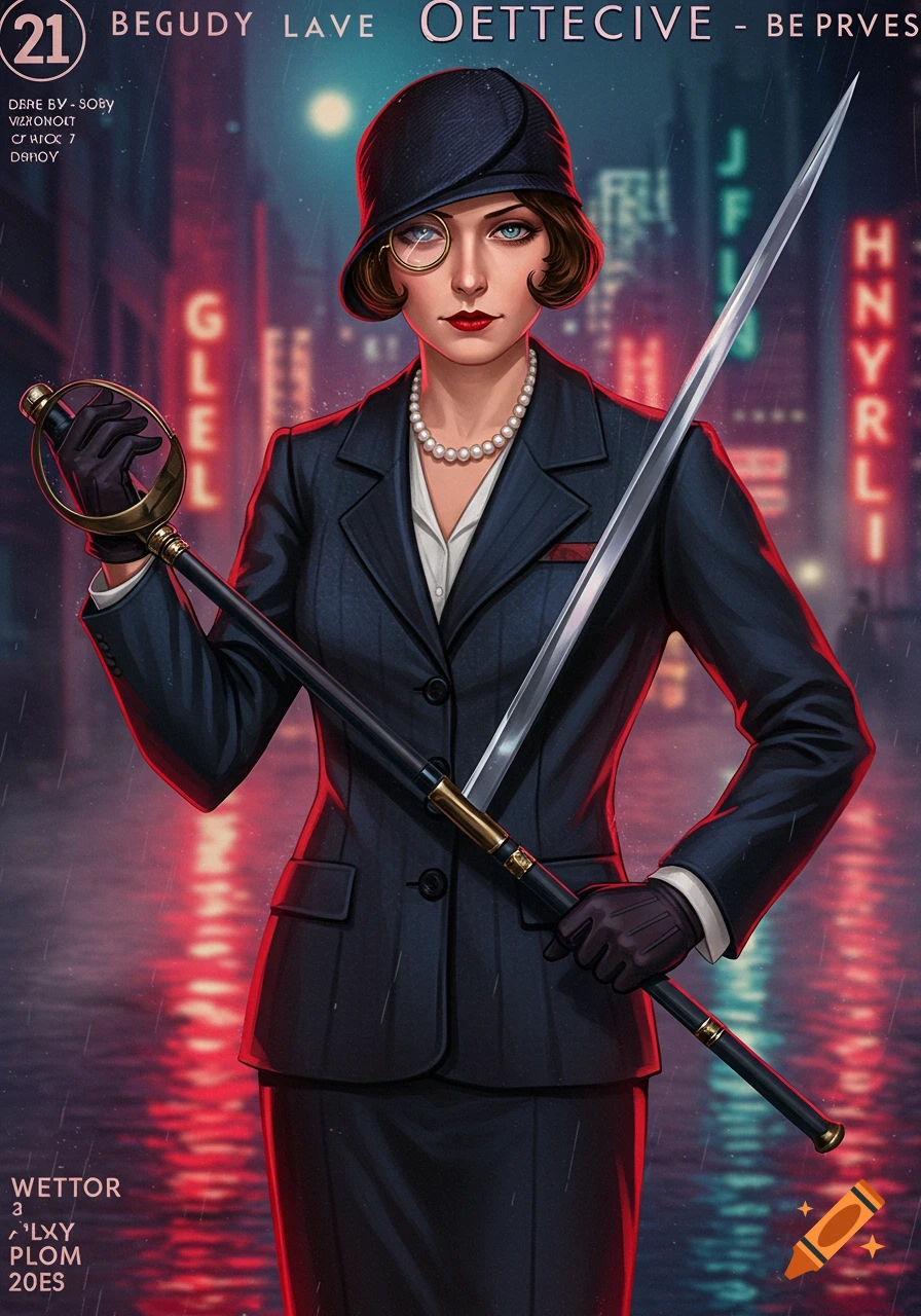 An illustration of a woman in 1920s fashion wearing a suit, monocle, and hat, holding a sword cane in a rainy city street.