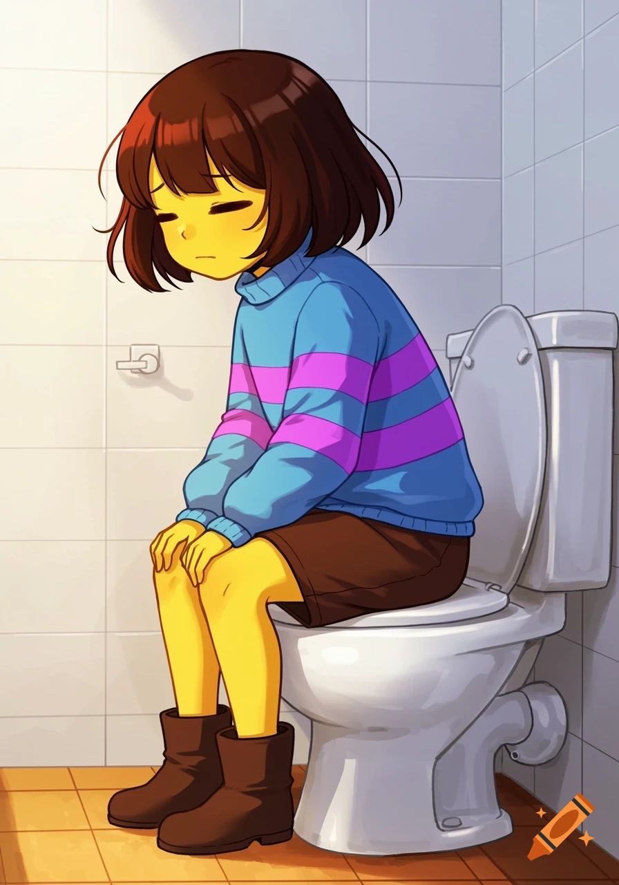 Anime style illustration of Frisk from Undertale sitting on a toilet in a bathroom.
