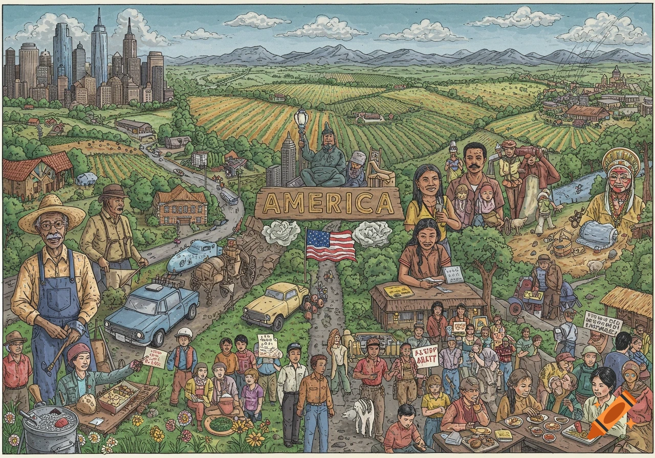 Detailed drawing of diverse scenes of American life with cityscape, farmland, families, workers, and protesters.