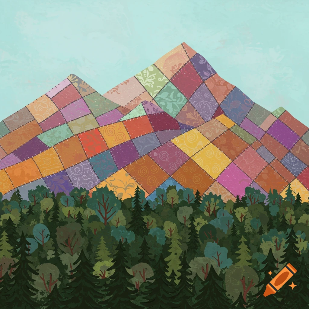 Illustrative landscape of quilted mountains above a forest.