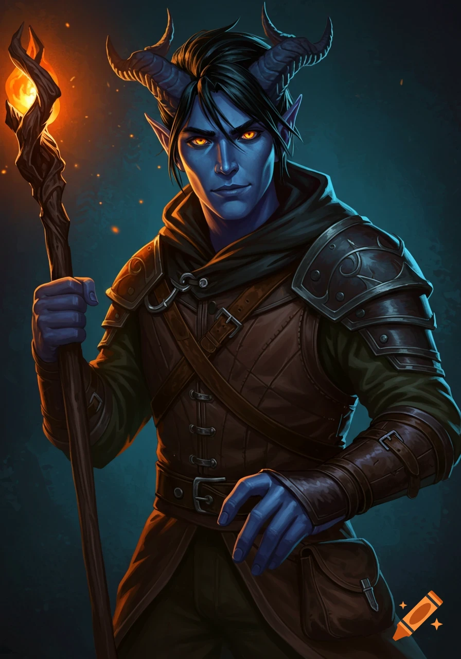 Digital painting of a blue-skinned male Tiefling with horns, orange eyes, and a staff.