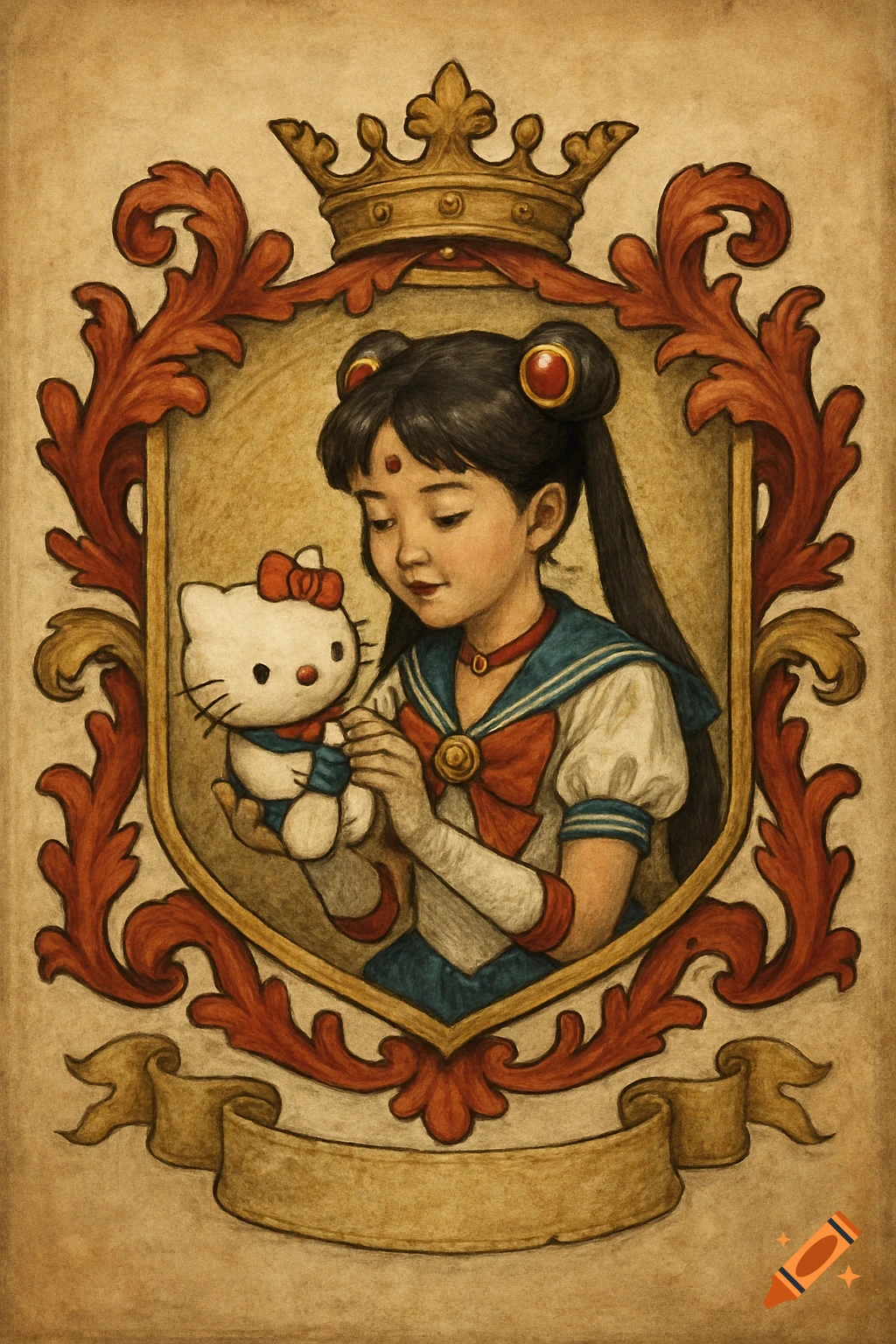 Illustration of a girl in a Sailor Moon costume holding a Hello Kitty doll within a medieval coat of arms.