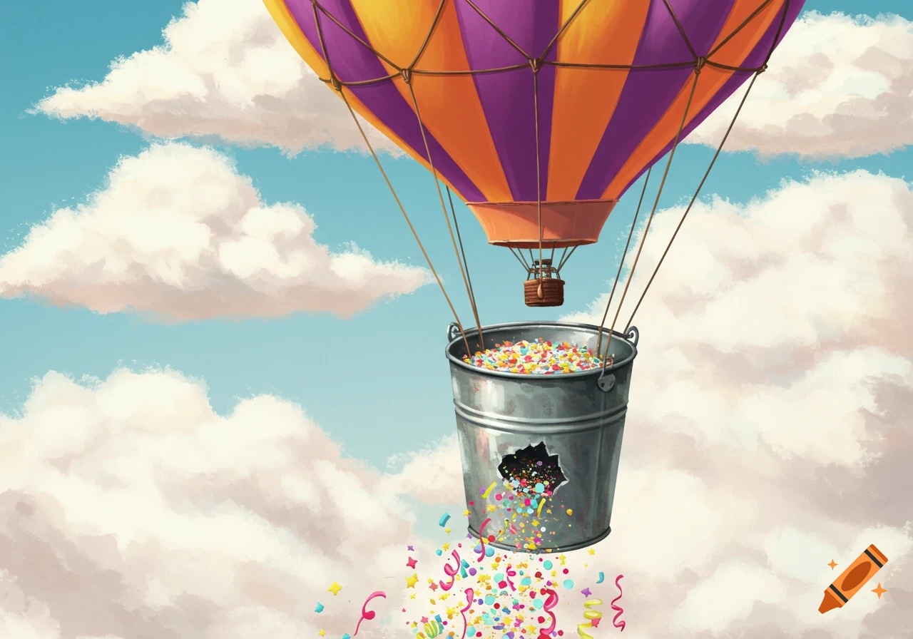 Hot air balloon lifts a bucket with a hole raining confetti in a cloudy sky illustration.