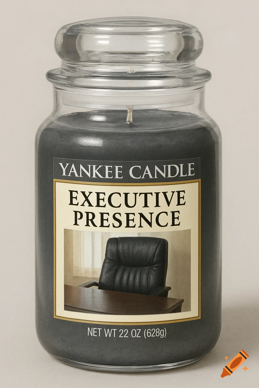 A gray Yankee Candle jar with a label reading "EXECUTIVE PRESENCE" above an image of an office chair and desk.