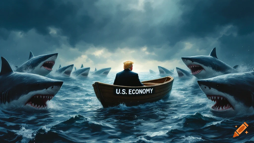 Donald Trump in a boat labeled 'U.S. Economy' surrounded by sharks in stormy seas.