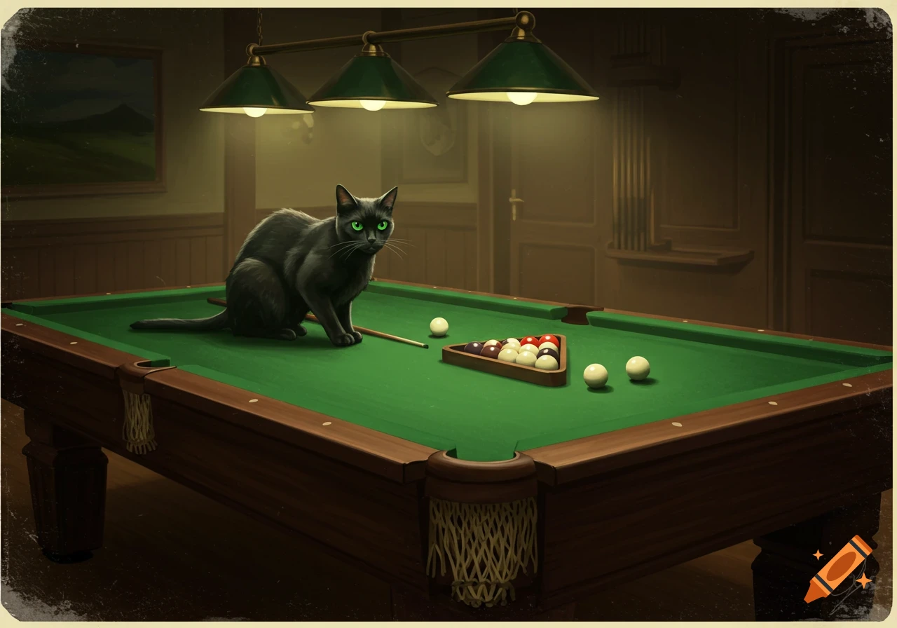Illustrated black cat sits on a vintage pool table under green lamps.