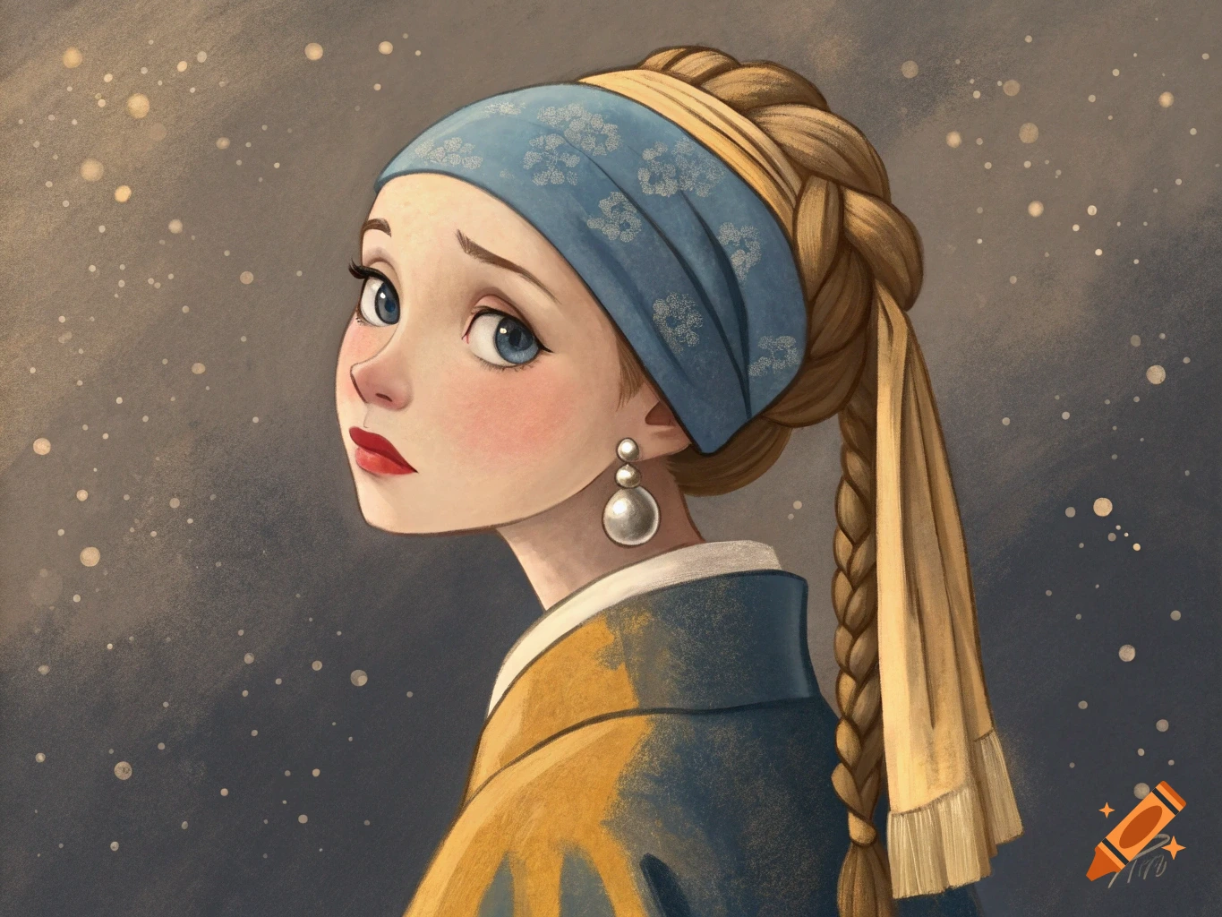 Cartoon portrait of a woman in the style of Girl with a Pearl Earring, featuring a blue headscarf, yellow shawl, and pearl earring.