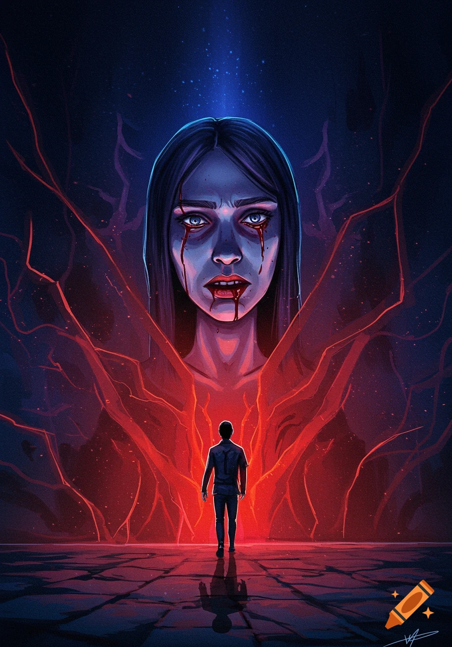 A small figure stands before a large, stylized, crying figure with blood and red tendrils in a dark, atmospheric digital painting.