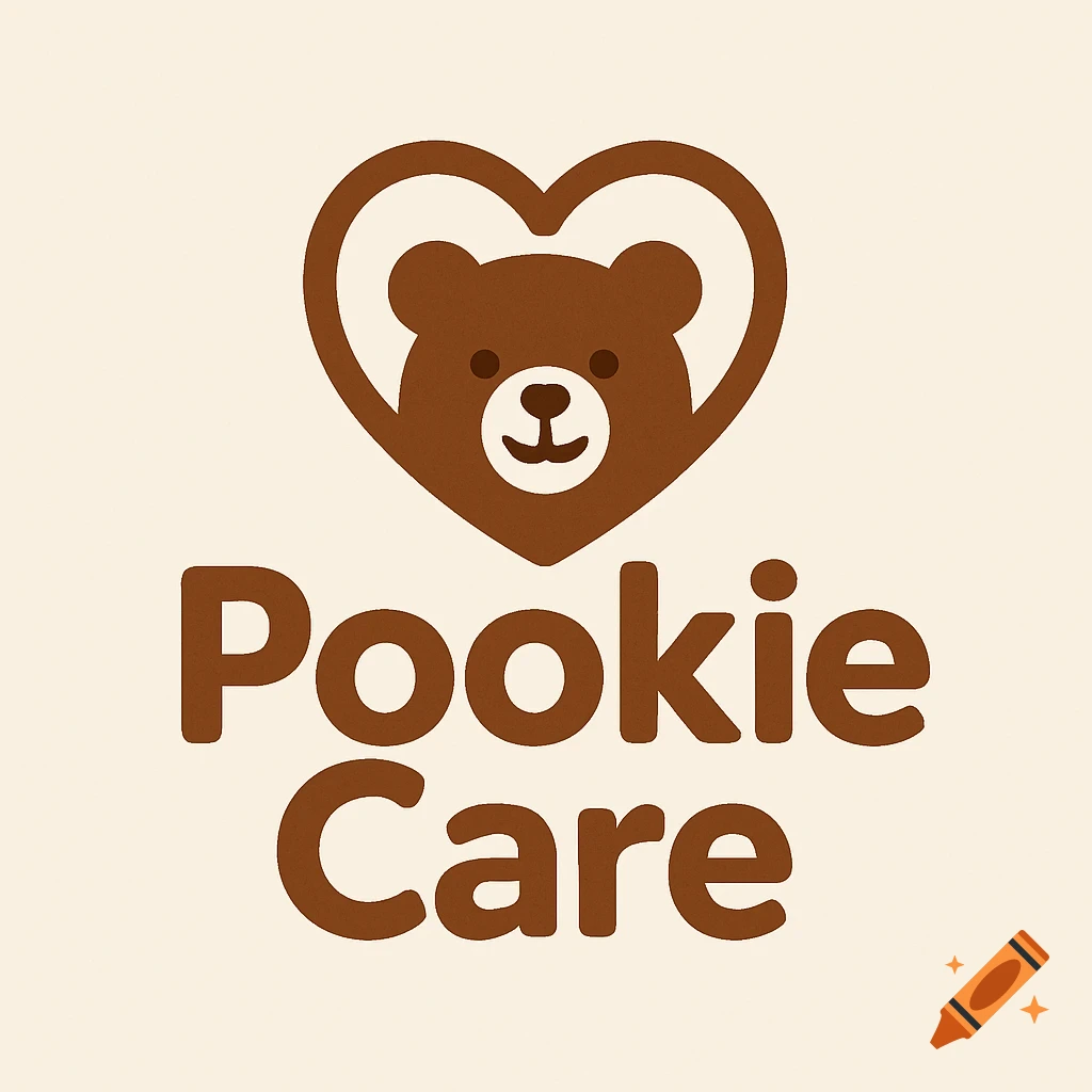 Brown logo with a bear inside a heart and the text Pookie Care below it.