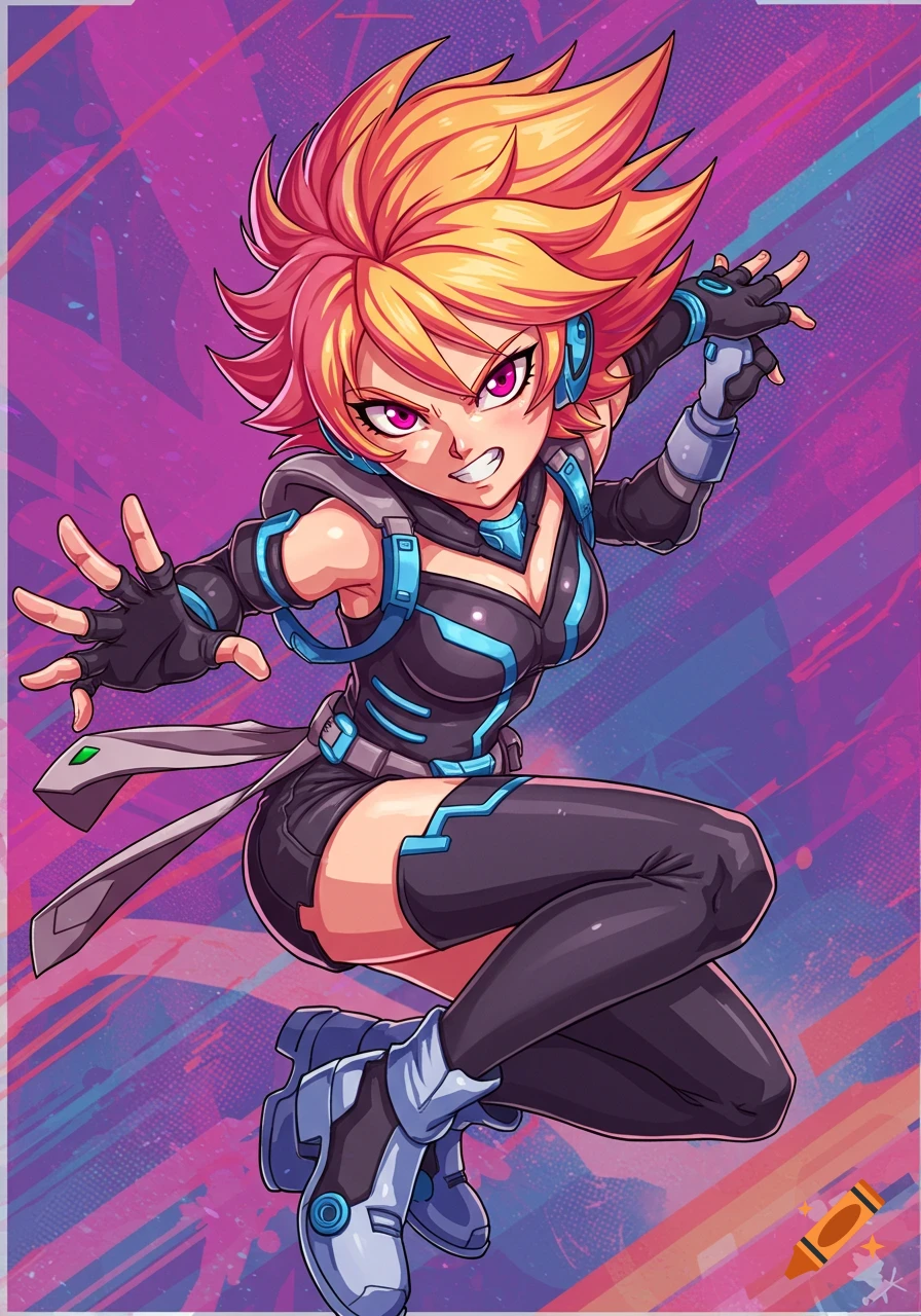 Anime style female character in futuristic outfit posing against a vibrant background.