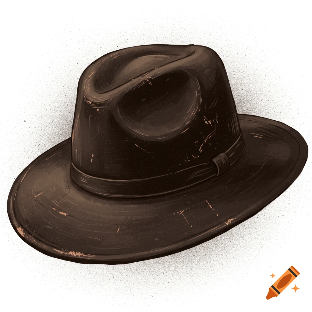 Illustration of a distressed dark brown fedora hat.