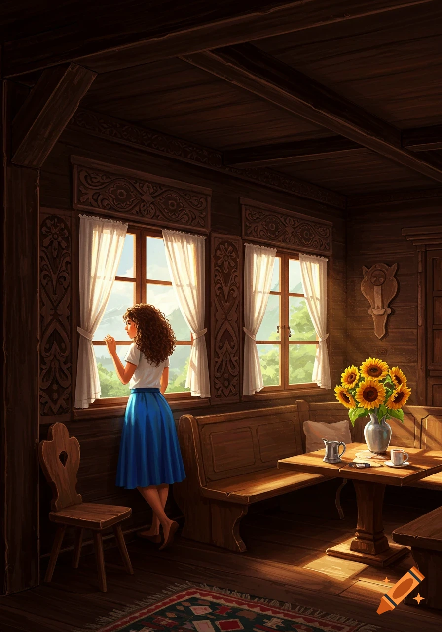 Illustration of a woman looking out a window in a wooden chalet with a view of mountains.