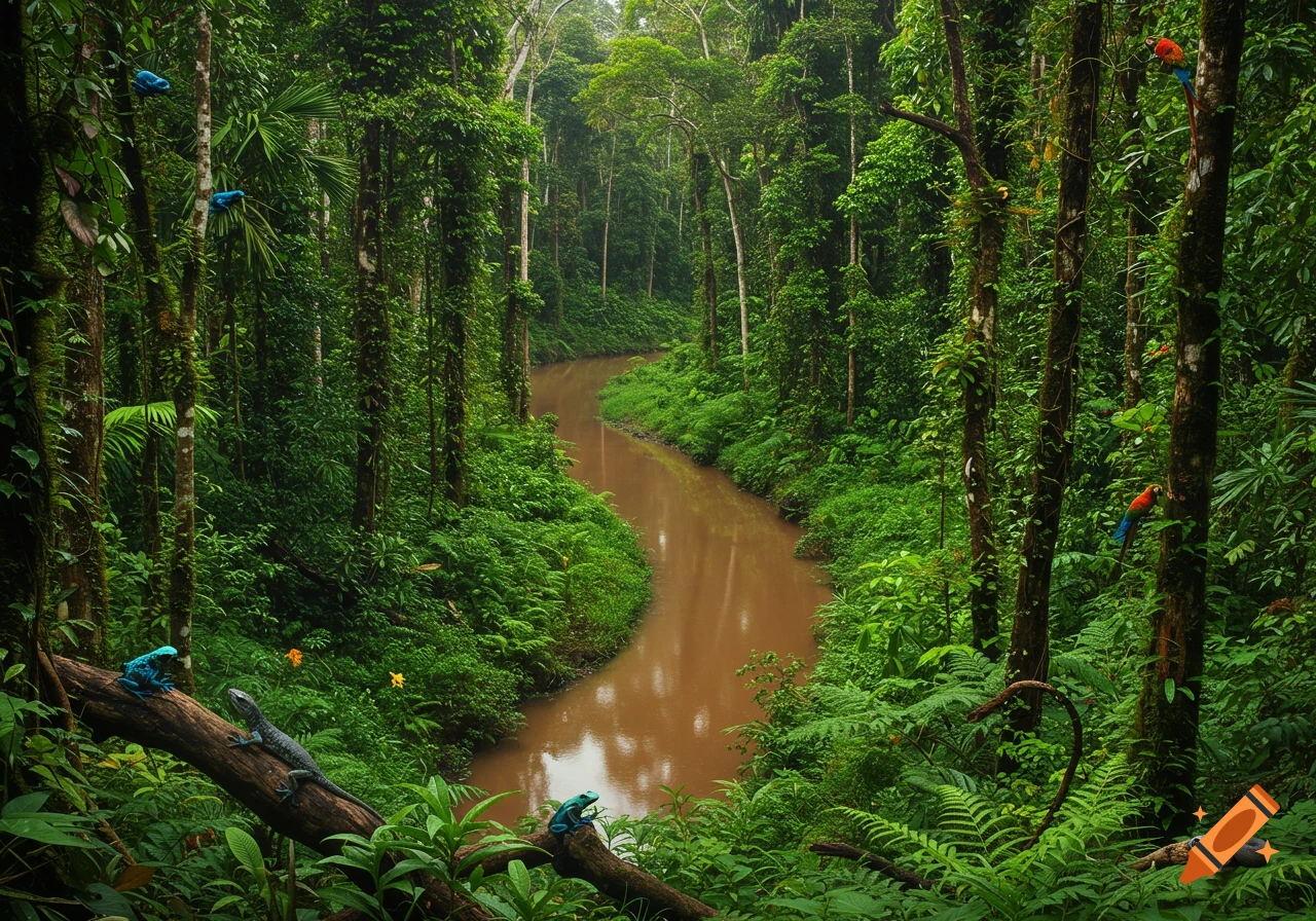 A winding river flows through a lush rainforest with colorful frogs, lizards, and parrots.
