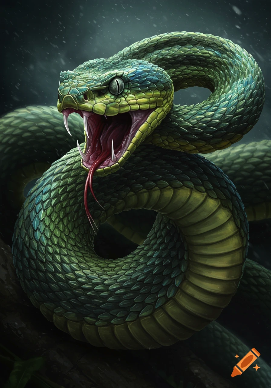 A close-up digital illustration of a coiled green snake with its mouth open, showing sharp fangs and a forked tongue.