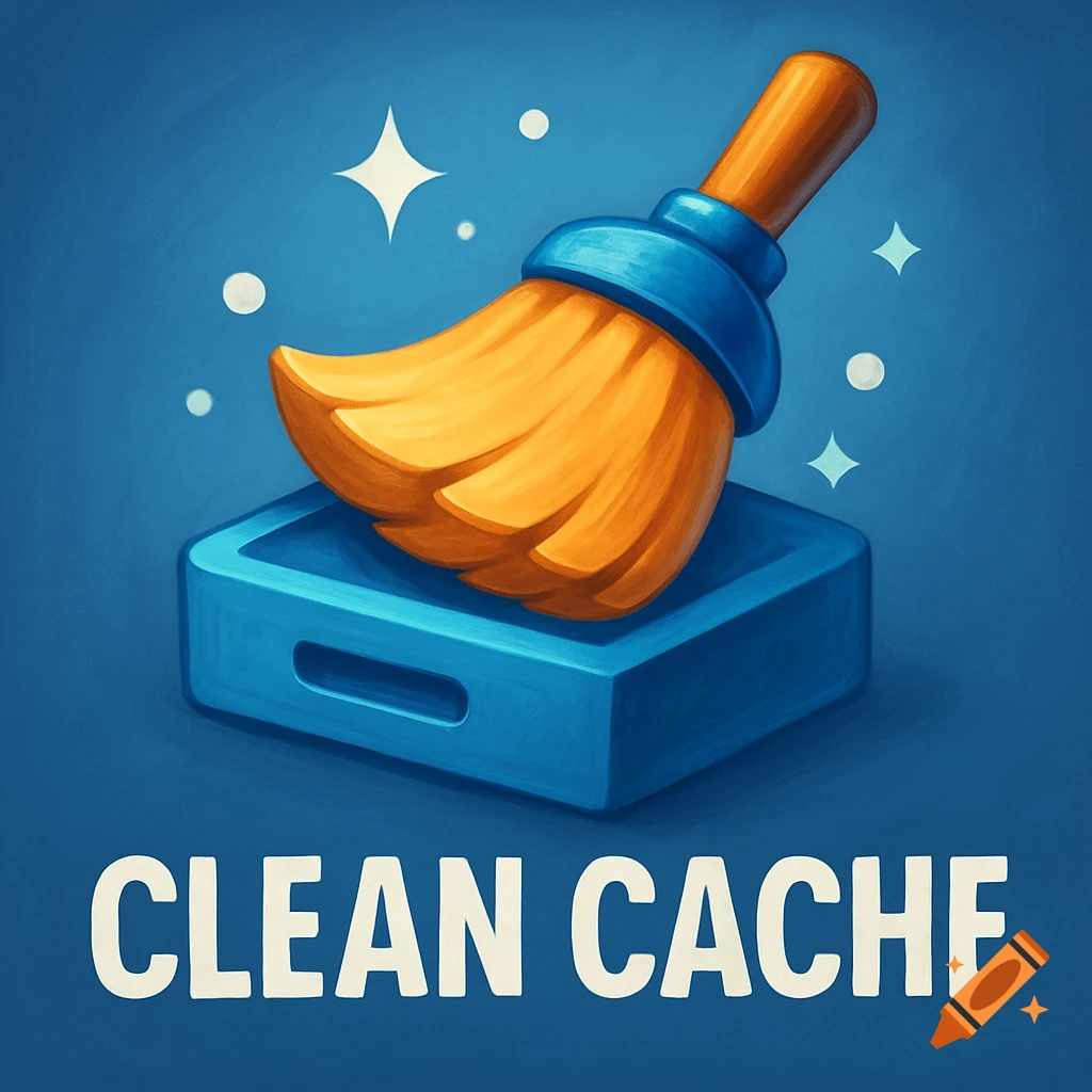 Illustration of a broom sweeping into a container with the text CLEAN CACHE