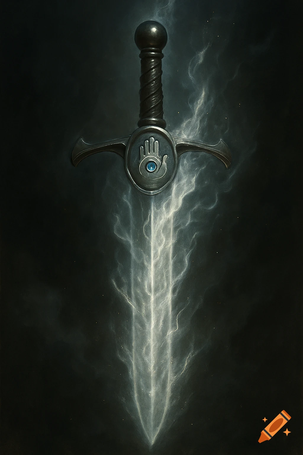 A glowing sword with a symbolic emblem on the hilt against a dark background.