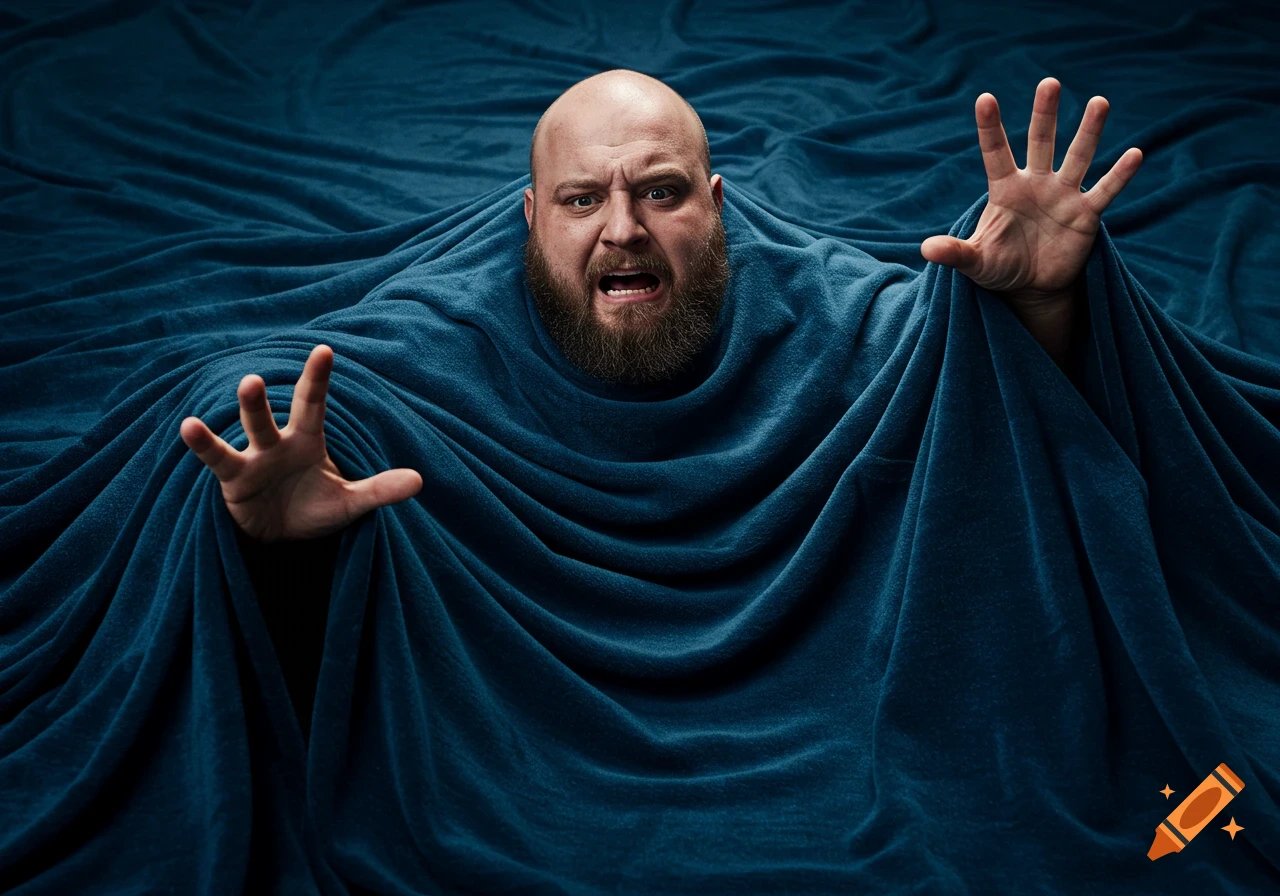 Bald bearded man struggles, covered by dark blue fabric like quicksand, reaching out with hands.