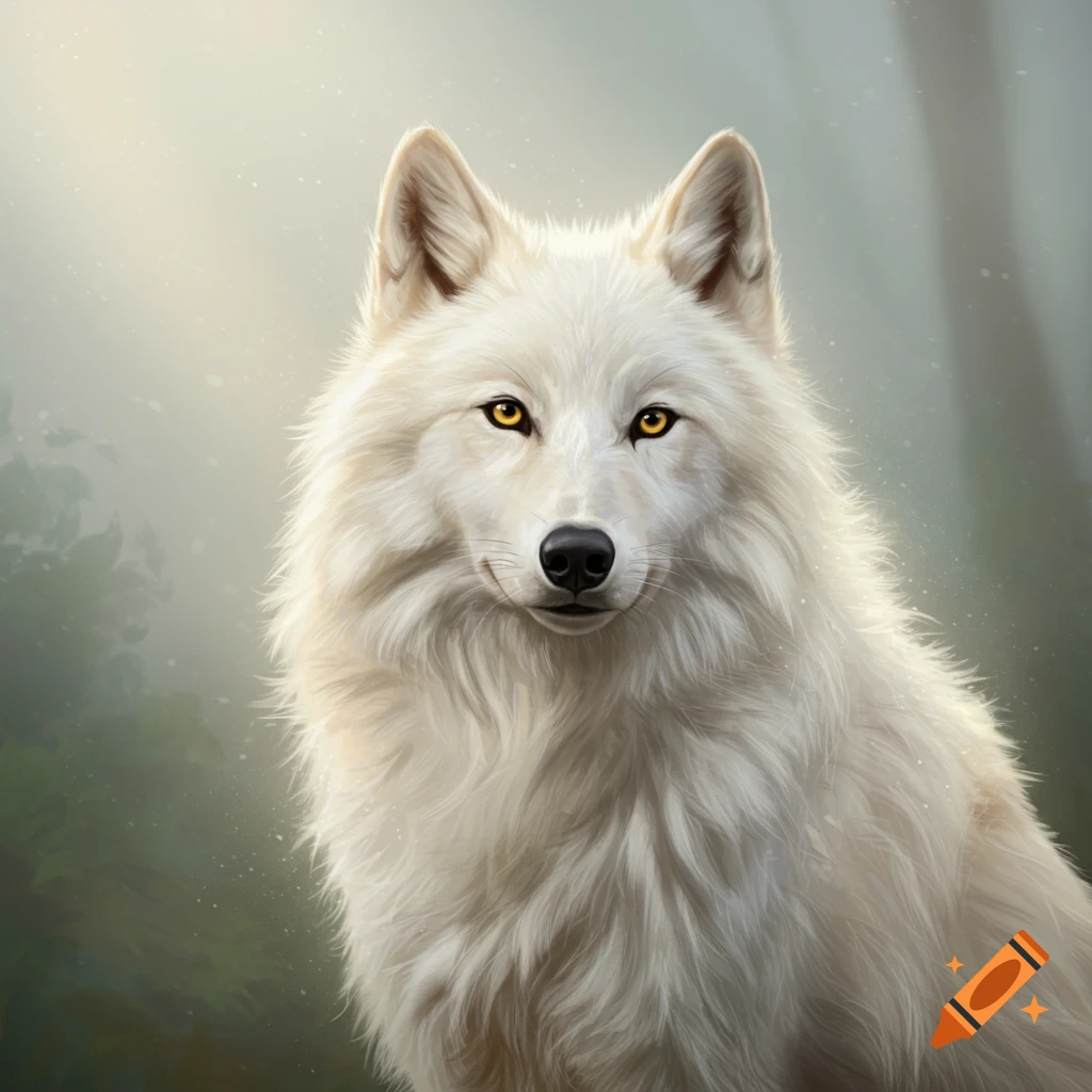Close-up portrait of a white wolf with bright golden eyes looking forward.