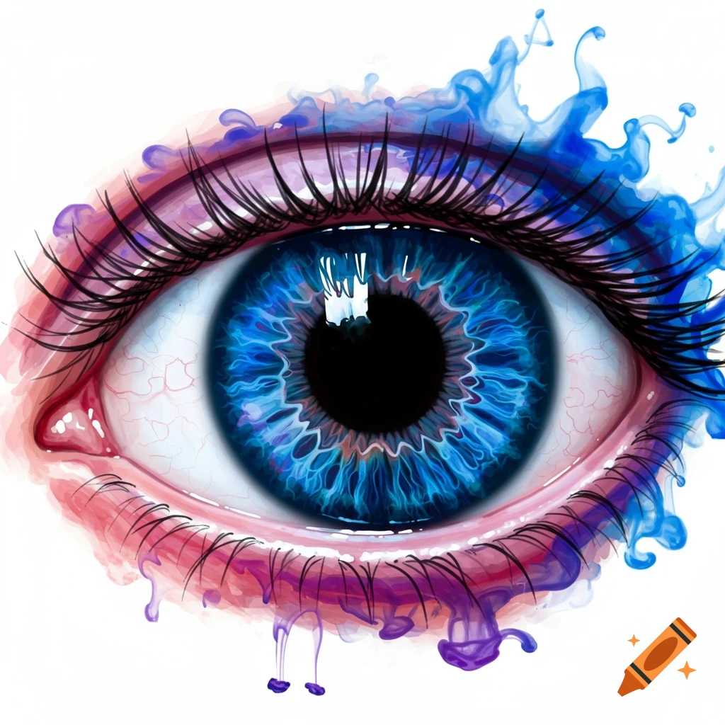Close-up illustration of a blue eye with colorful ink splashes around the iris and dripping below.