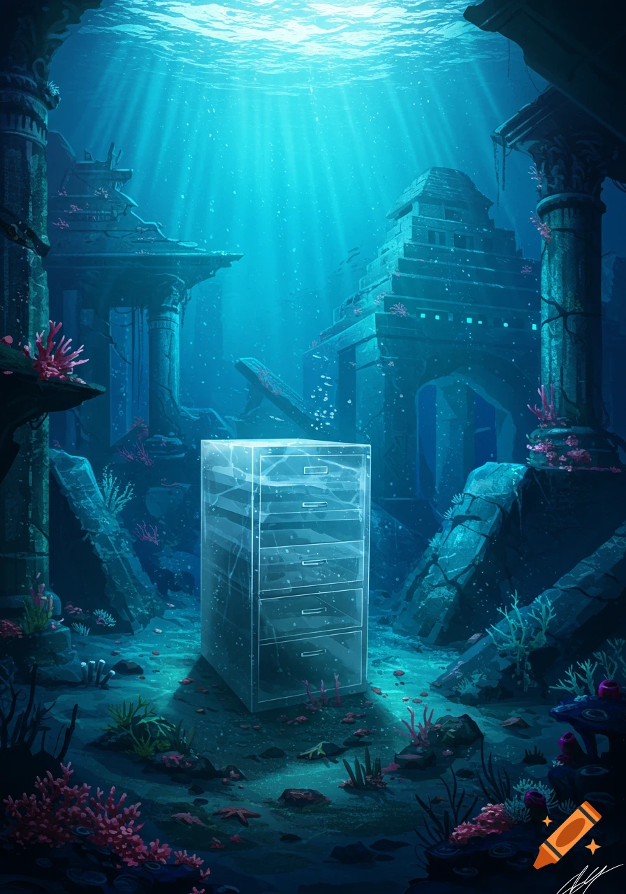 A crystal-clear filing cabinet sits on the seabed among ancient underwater ruins bathed in sunlight.