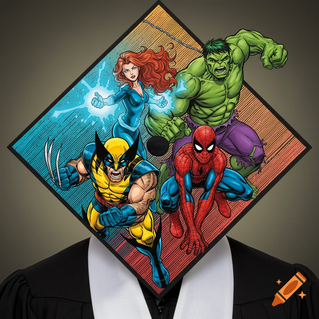 Comic book illustration of Wolverine, Jean Grey, Spider-Man, and Hulk on a graduation cap.