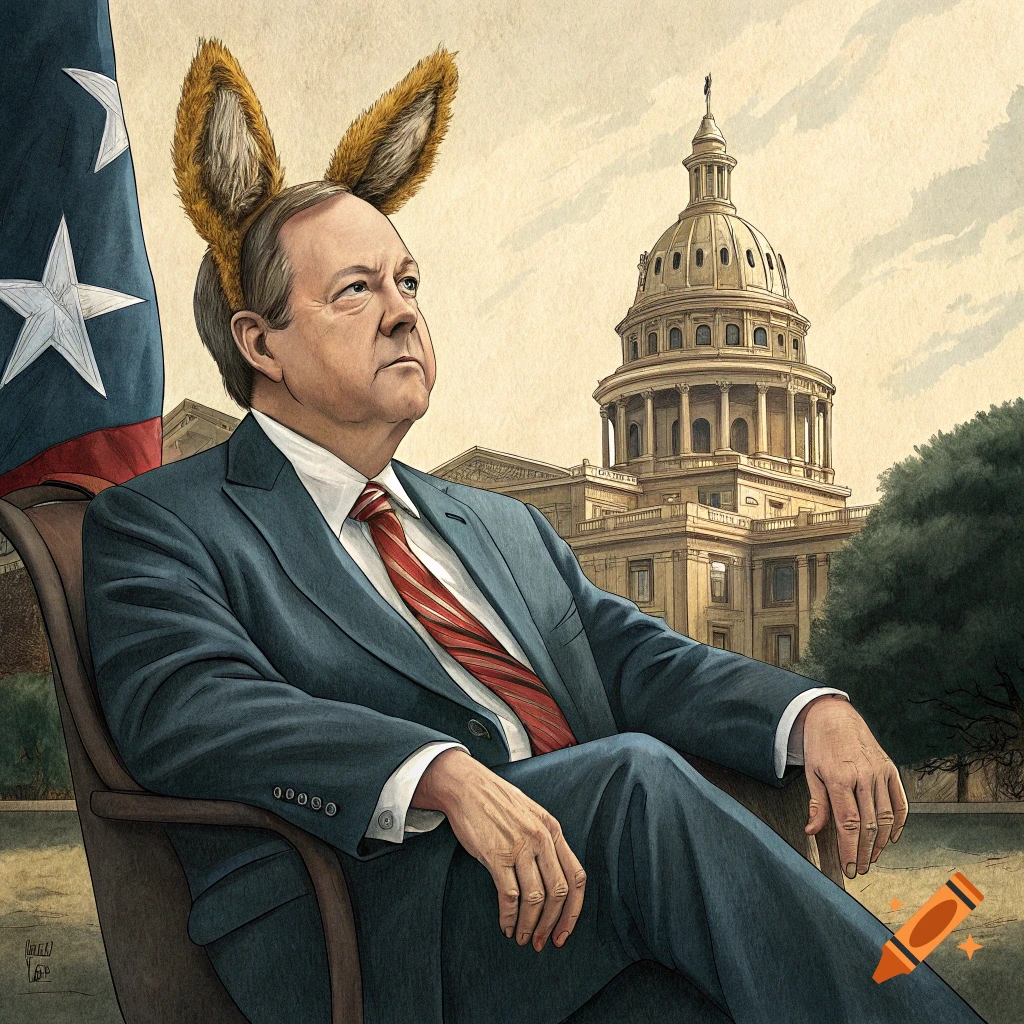 Illustration of a man in a suit with furry ears sitting in front of the Texas Capitol and flag