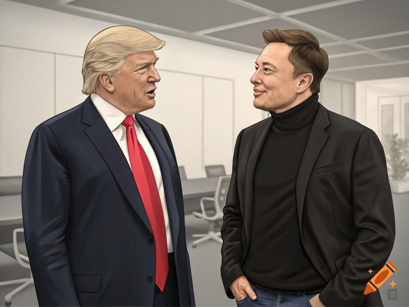 Digital illustration of Donald Trump in a suit and Elon Musk in a turtleneck talking in an office.