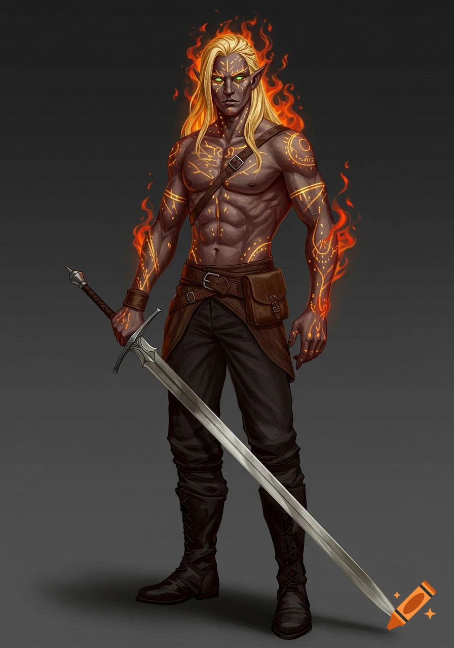 A muscular fantasy man with blonde hair made of fire and glowing symbols on his body, holding a large sword.