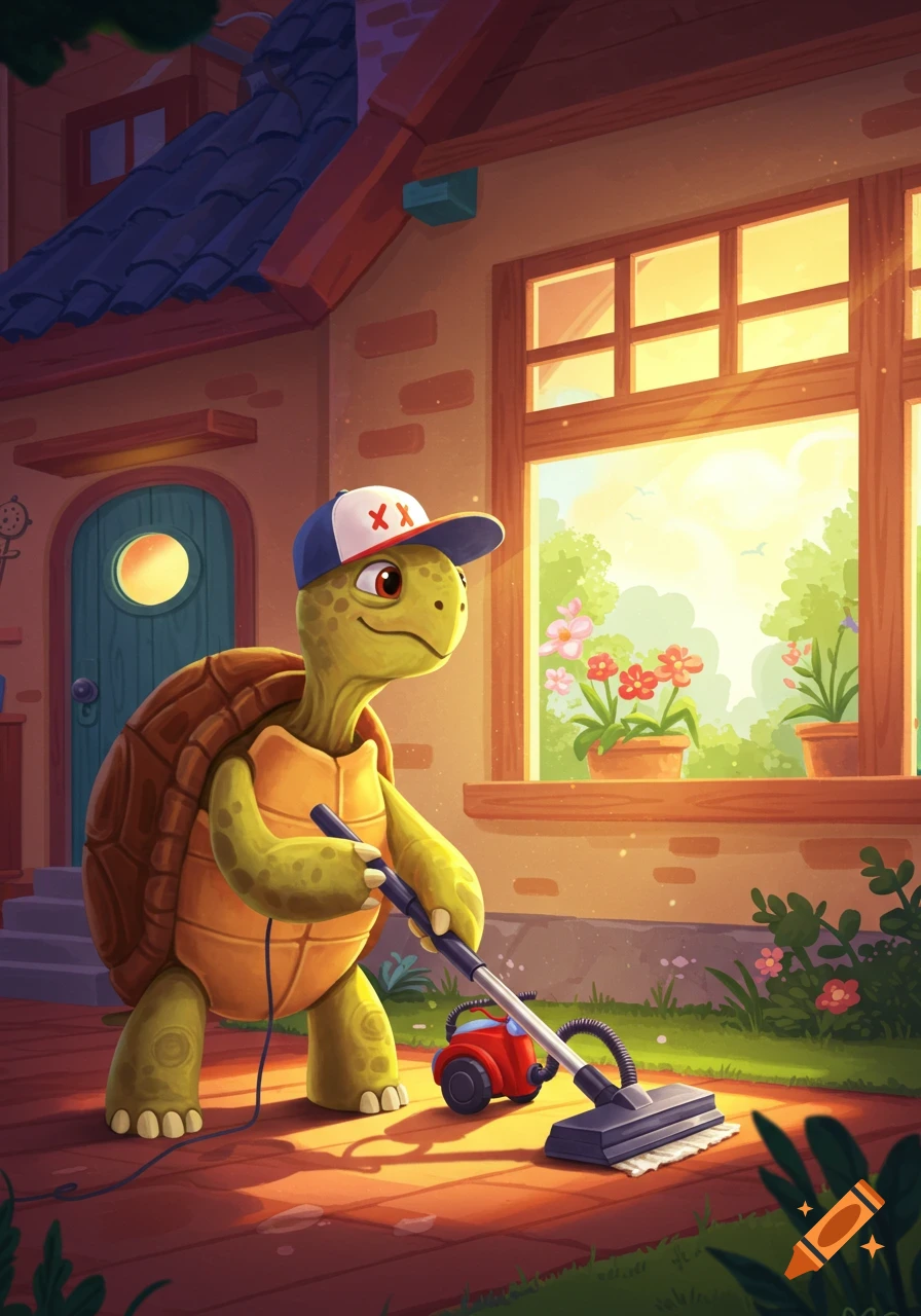A cartoon turtle wearing a baseball cap vacuums outside a house with sunshine.