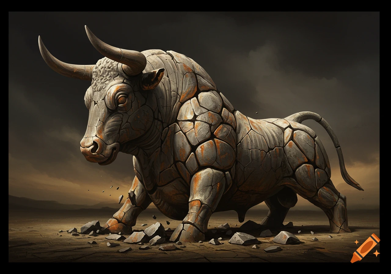 Broken stone bull statue stands in a desolate landscape under a dark sky.