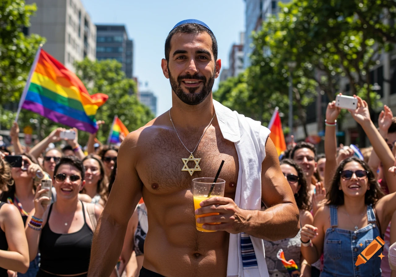 Muscular man in Yarmulke and Star of David necklace holds drink, smiling during a sunny Pride parade.