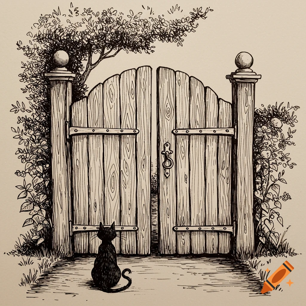 Black cat sits before a wooden gate surrounded by plants, in a black and white pen drawing style.