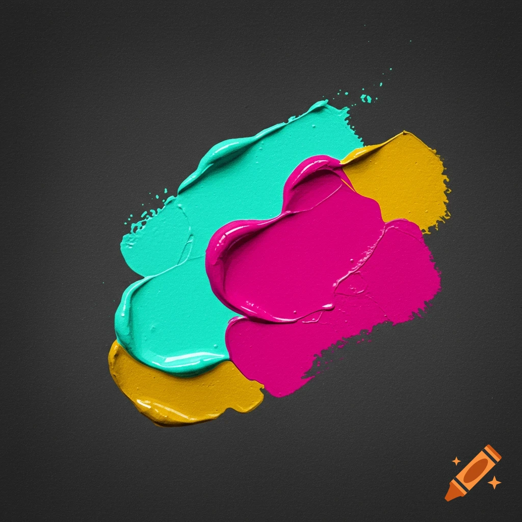Thick swatches of teal, magenta, and yellow paint overlapping on a dark background.