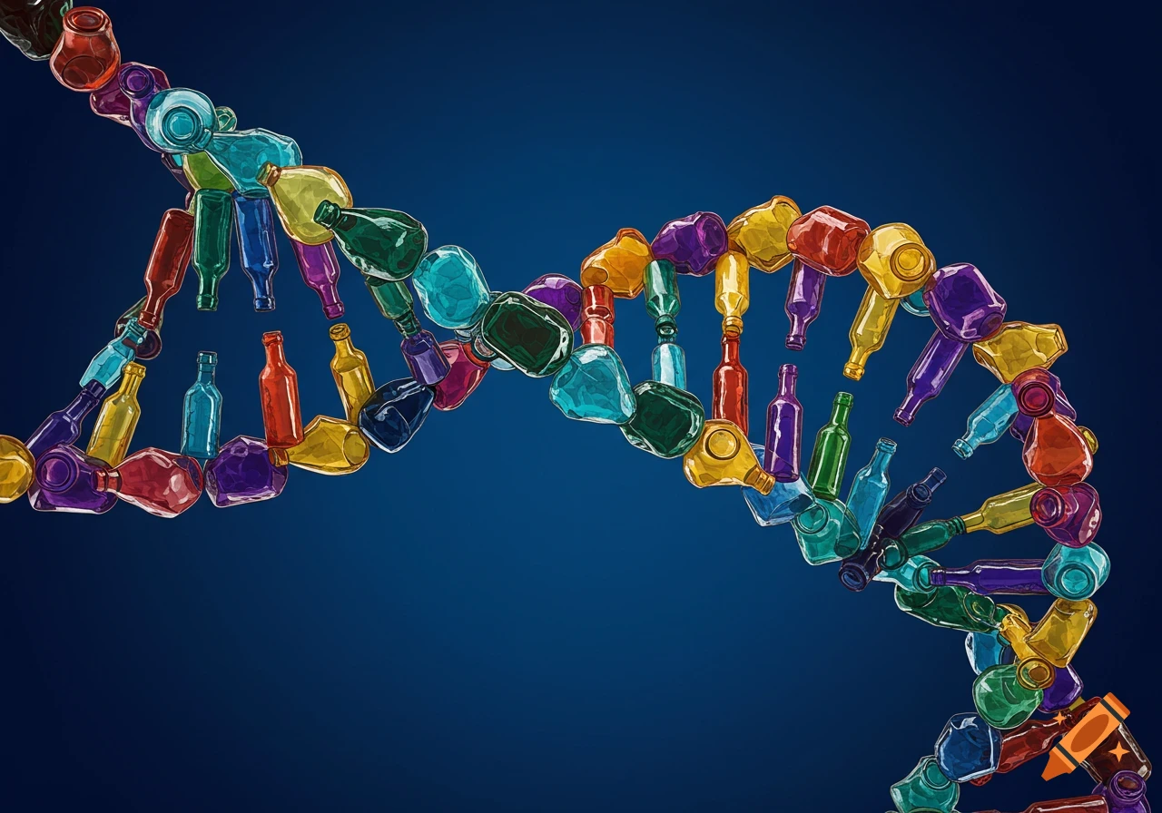 A DNA double helix made of colorful glass bottles on a blue background.