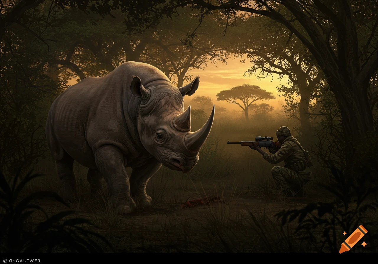 Illustration of a large rhino looking at a hunter kneeling with a rifle in a misty, forested area at sunset.