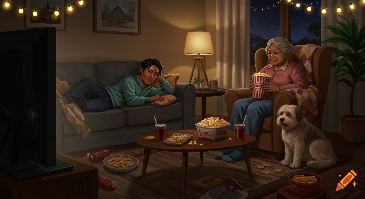 A young man and older woman watch TV with a dog, popcorn, and snacks in a cozy living room at night.