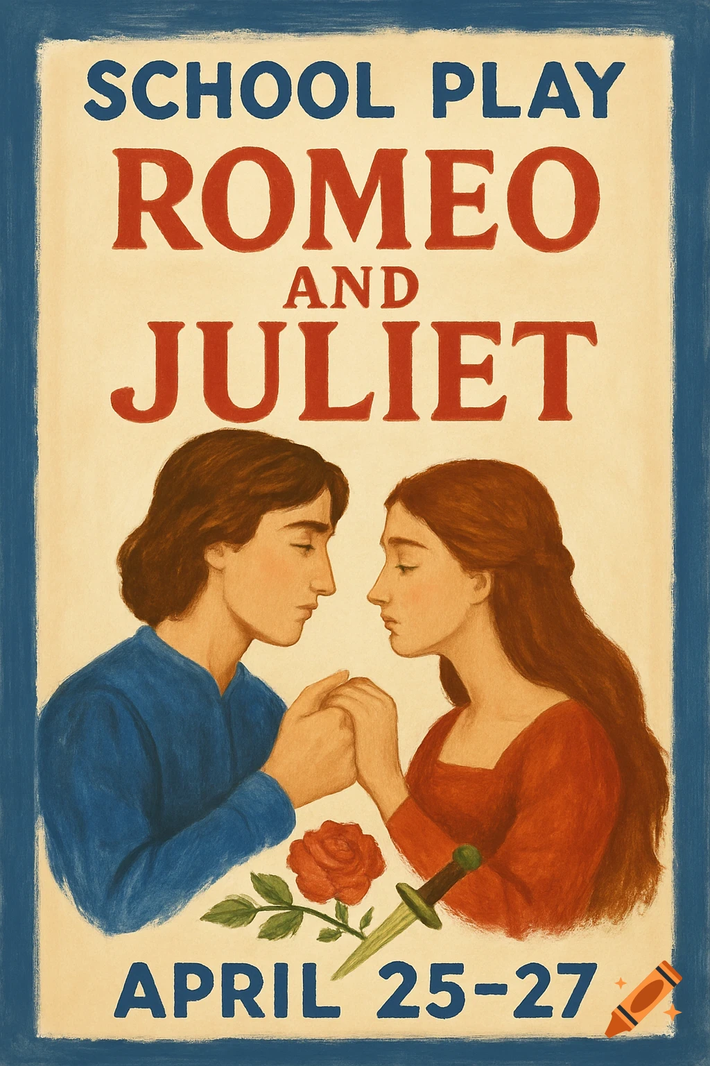 Poster for a school play of Romeo and Juliet, featuring illustrated figures and dates.