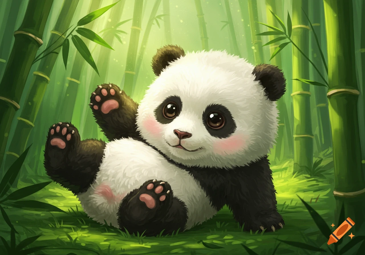 A cute baby panda lies on its back in a bamboo forest, waving.