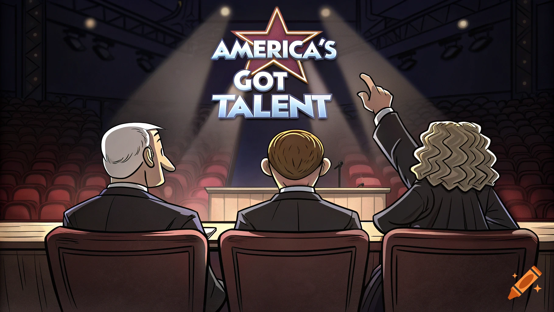 Cartoon judges watch a stage with an America's Got Talent logo overhead.