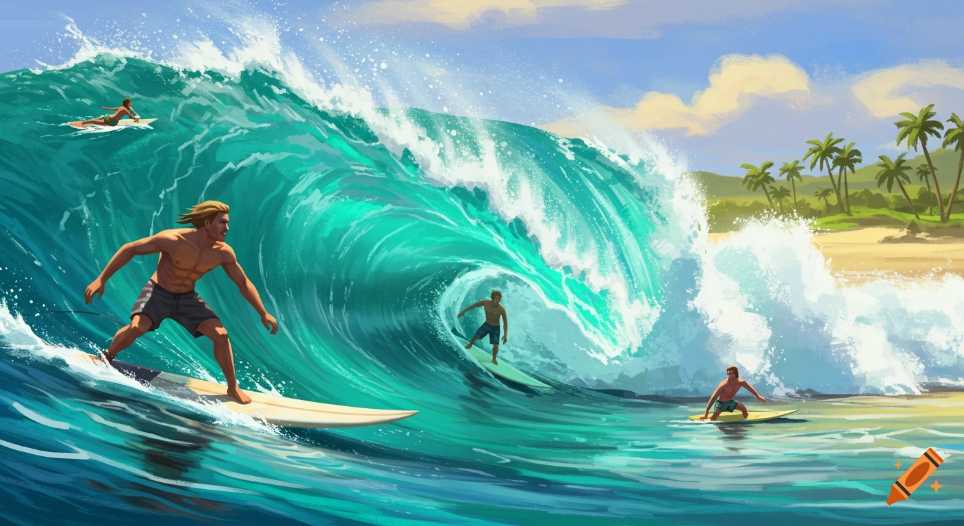 Several surfers ride a large turquoise wave near a beach with palm trees. Illustration style.