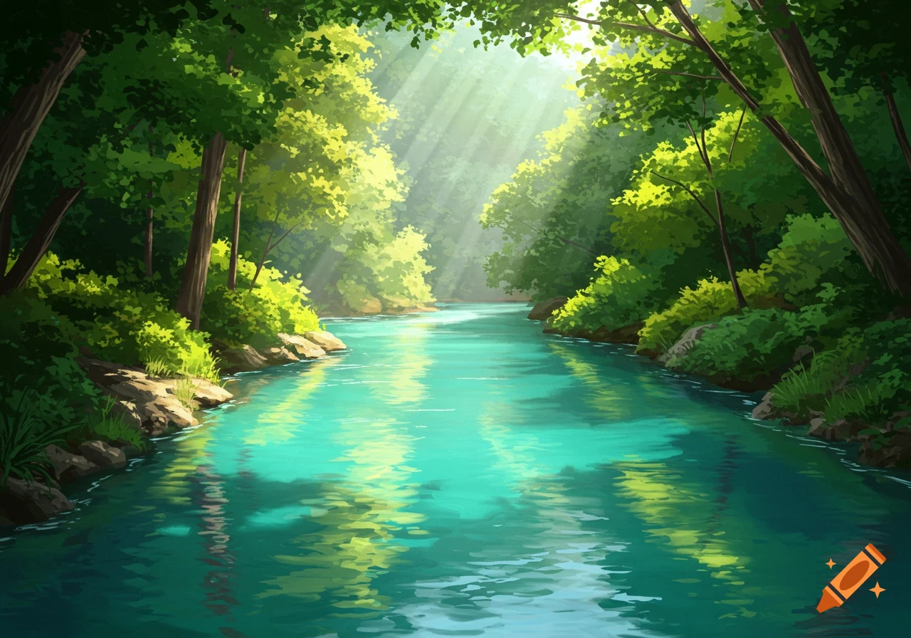 Bright blue river flowing through a sun-dappled forest, digital illustration.