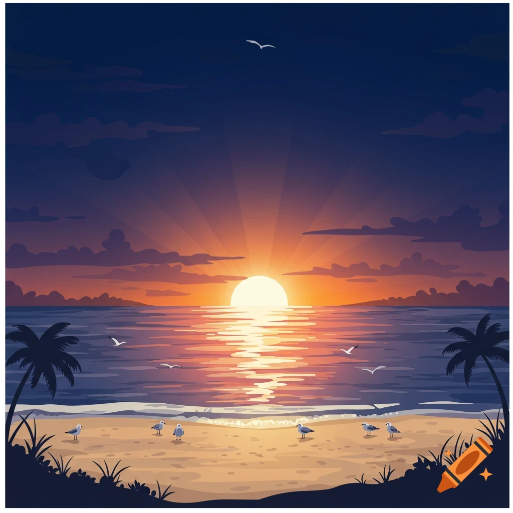 Stylized illustration of a beach at sunrise with seagulls and palm trees.