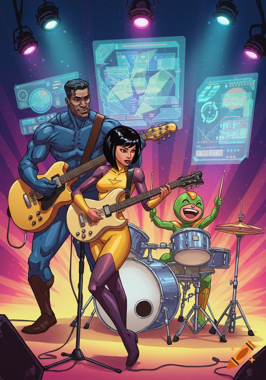 Three superhero musicians playing instruments on a stage with glowing screens in the background in a comic book style.