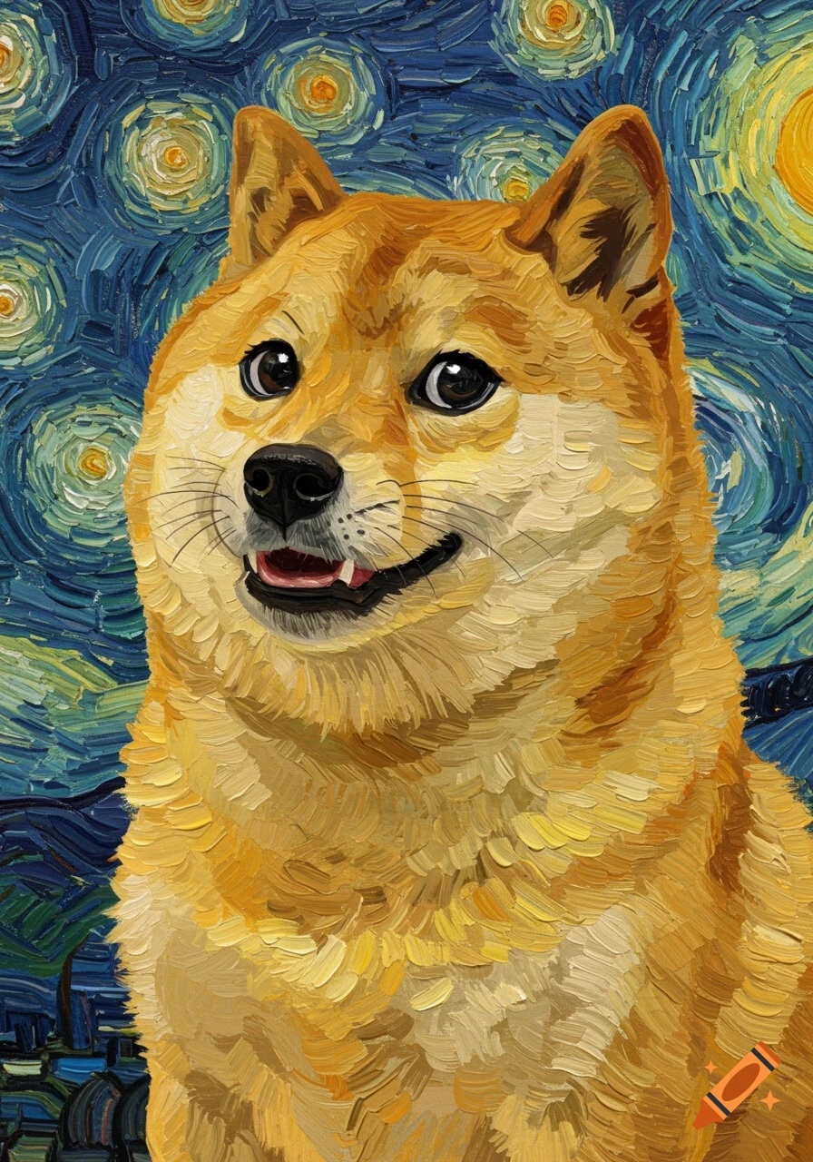 A portrait of a Shiba Inu dog in the style of Van Gogh's Starry Night painting.