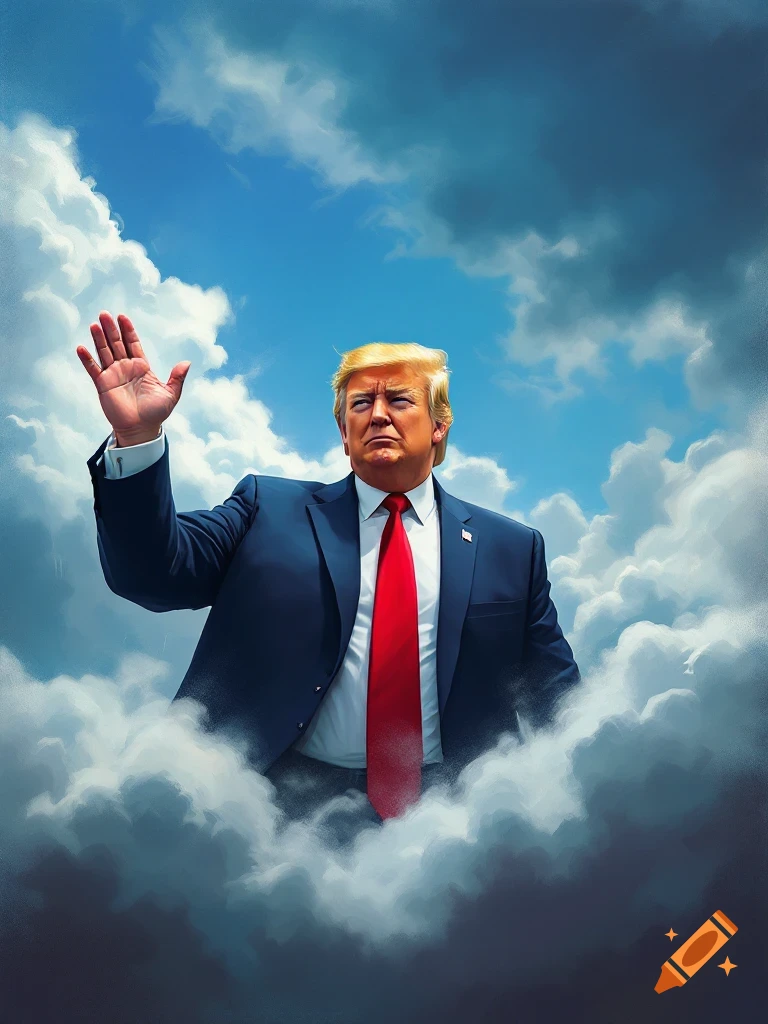 Donald Trump waves while standing in a sky filled with clouds.